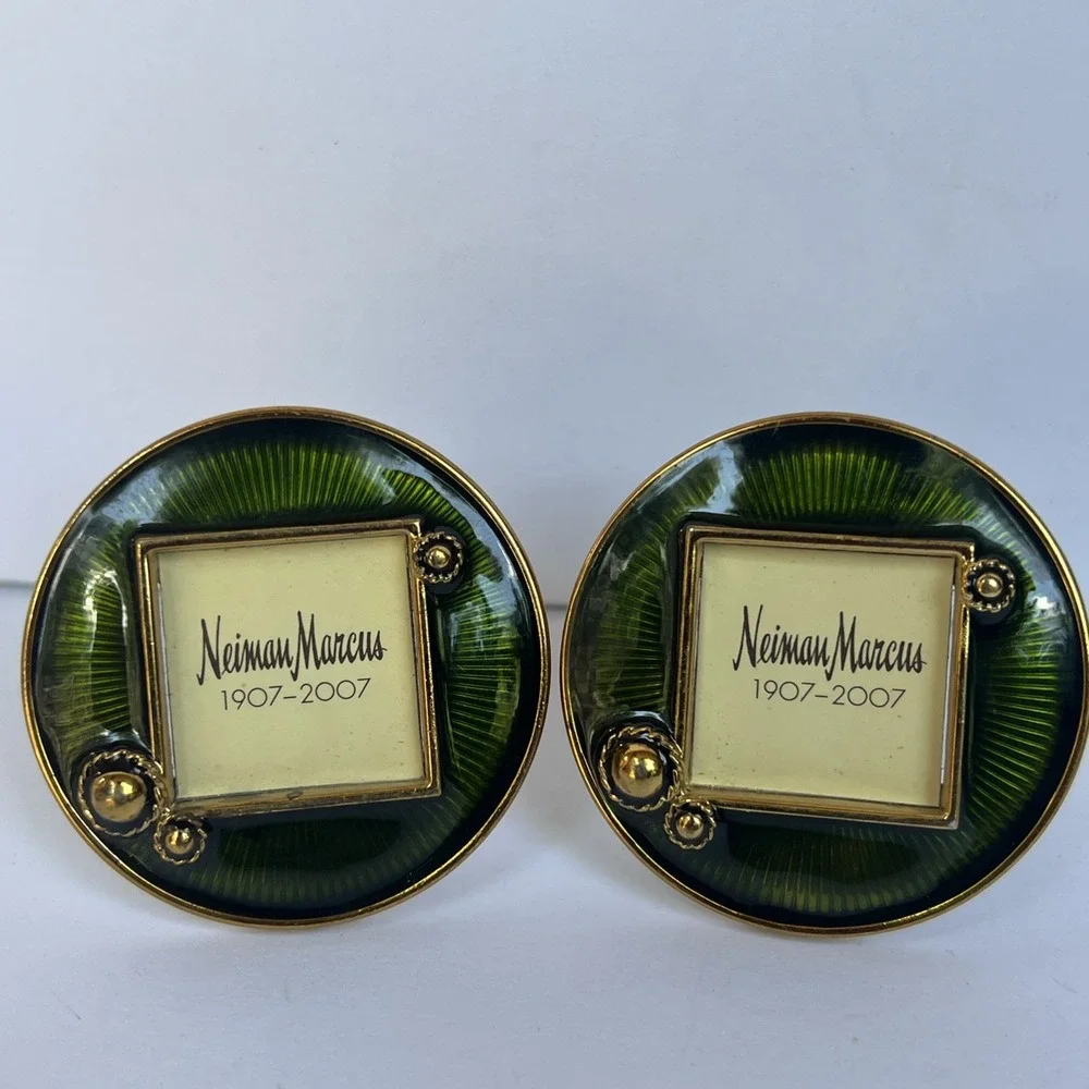 Jay Strongwater Neiman Marcus Set x2 Green Enamel Small Frame Clip w/ Stand NOS